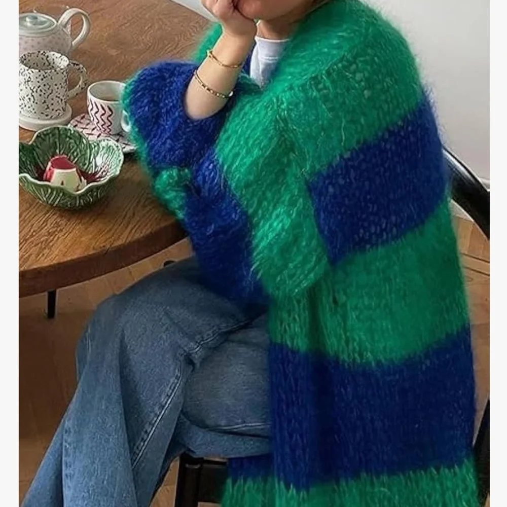 Blue and Green Striped Knit Long Cardigan - Picture 3 of 5